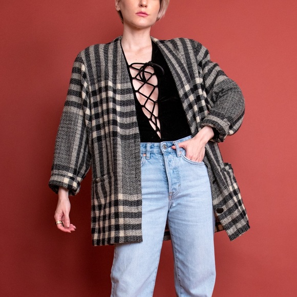 Vintage 80s black white plaid striped wool blazer - Picture 2 of 7